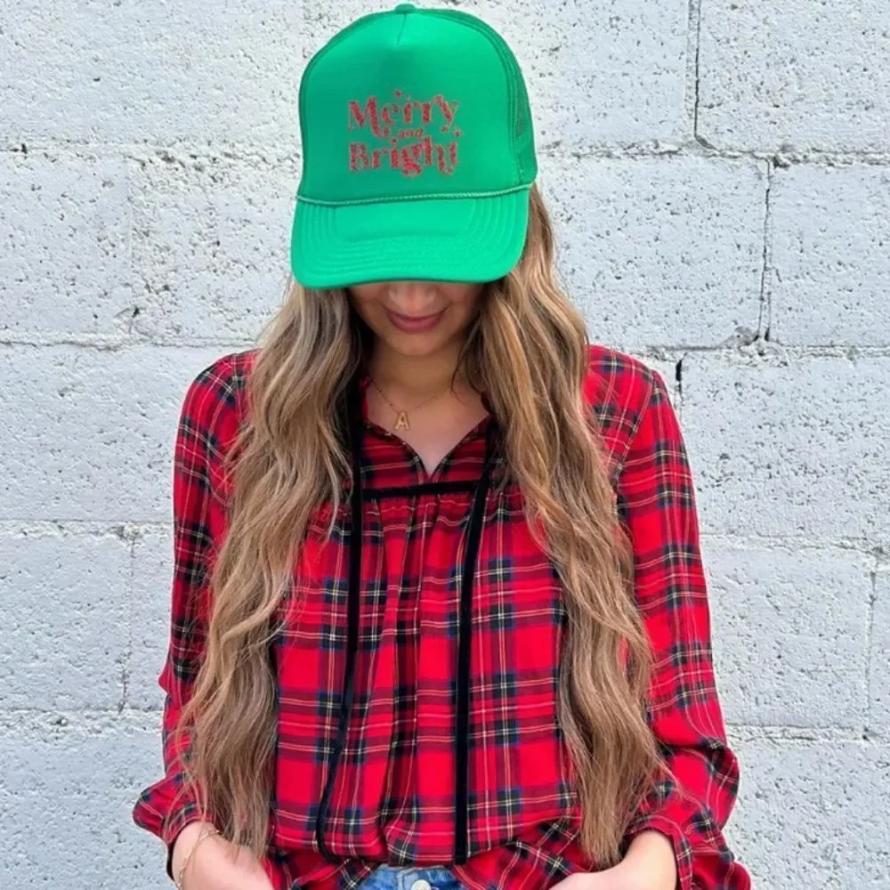 Merry and Bright Green and Red Glitter Christmas Trucker Hat - Snap Back NEW